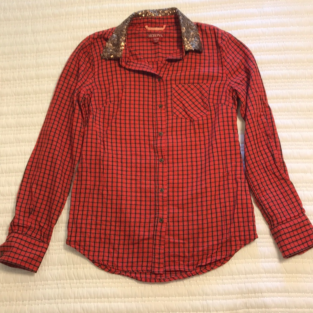 NWOT sequined collar plaid button-down